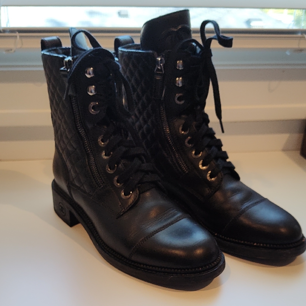 Chanel Quilted Lace-Up Boots, Size 39.5